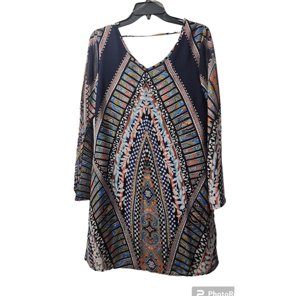 Pink Owl Bohemian Print Dress V Neck Long Sleeve Casual Mini Dress L